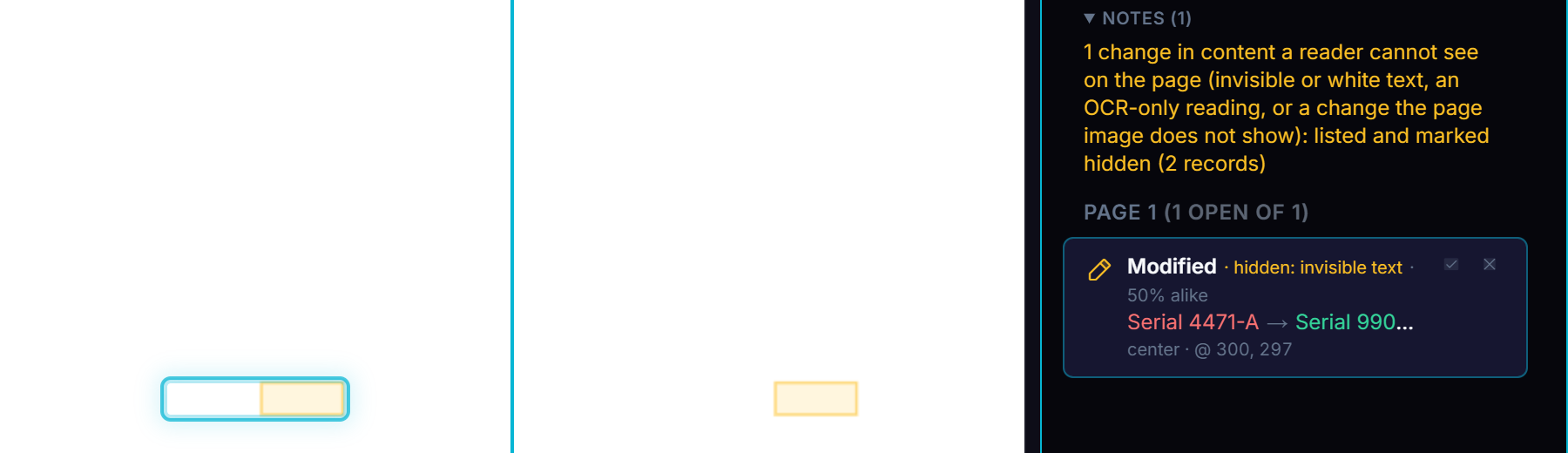 Two blank page areas with highlight boxes, beside one record: Modified, hidden, invisible text, Serial 4471-A to Serial 9902-B.