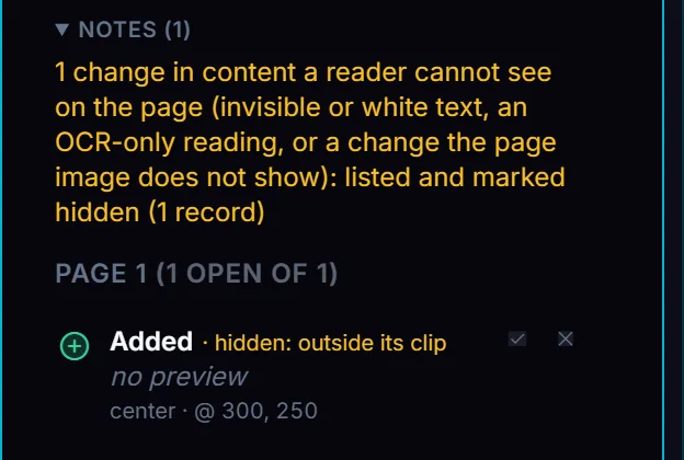 The change list notes one hidden change and lists one record: Added, hidden, outside its clip, no preview.