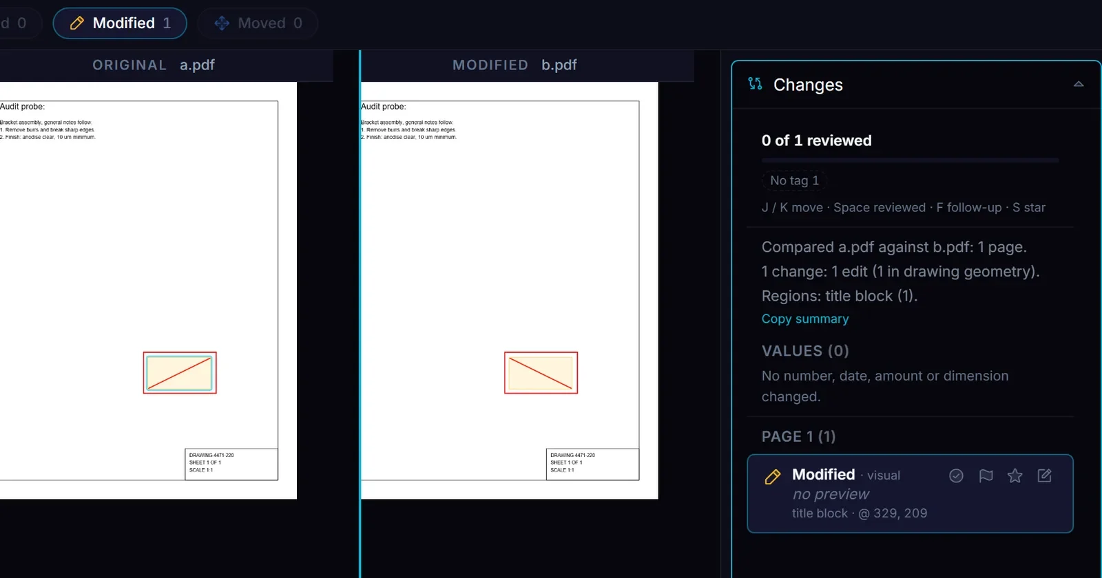 Compare PDF on a test pair: an approval stamp redrawn in a new colour, outlined on both pages, with a Modified, visual change selected in the change list.