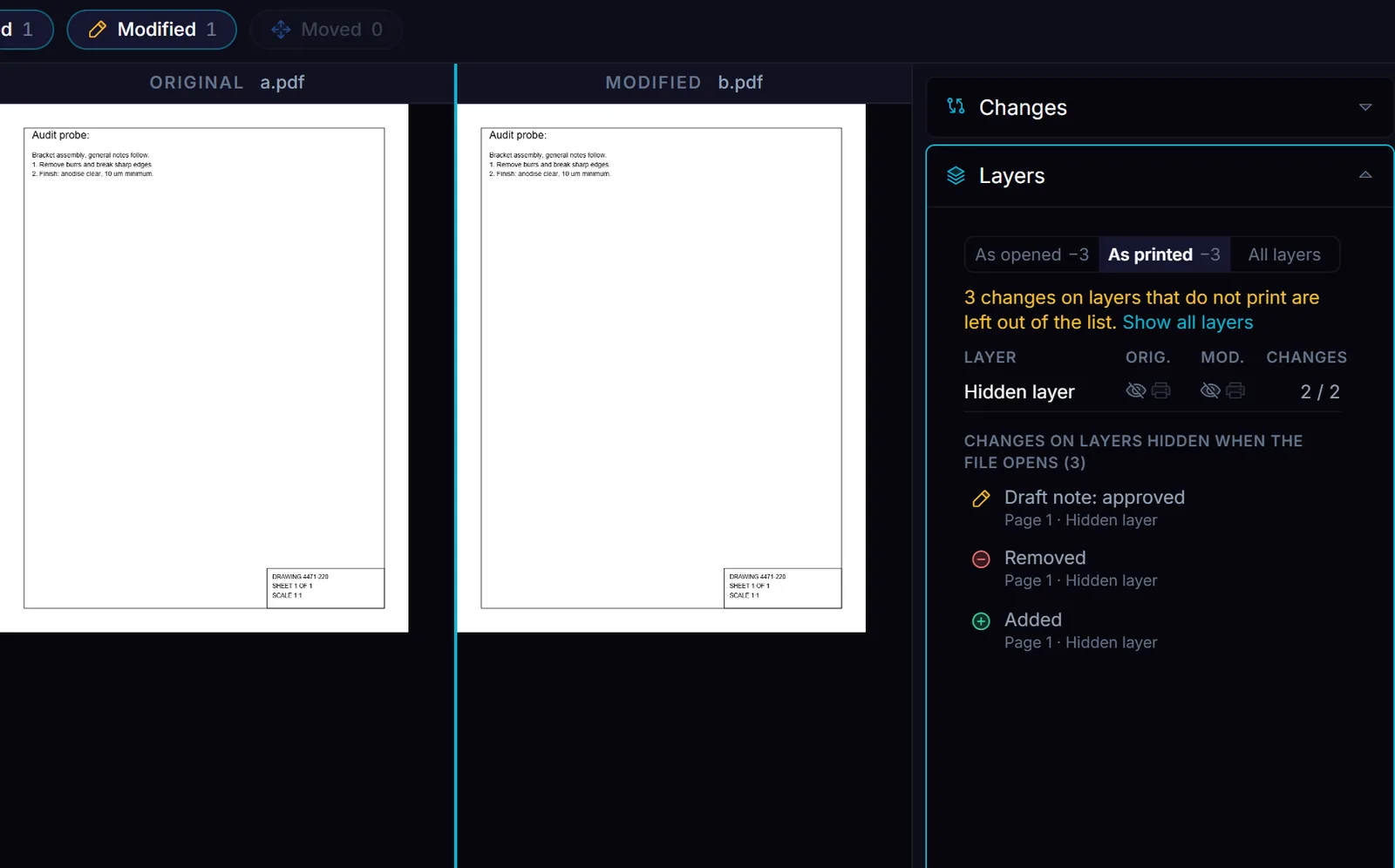 Compare PDF's Layers panel with the As printed preset selected: a note reads 3 changes on layers that do not print are left out of the list, above a Hidden layer row that is off on screen and in print for both files, and three changes listed under Changes on layers hidden when the file opens.