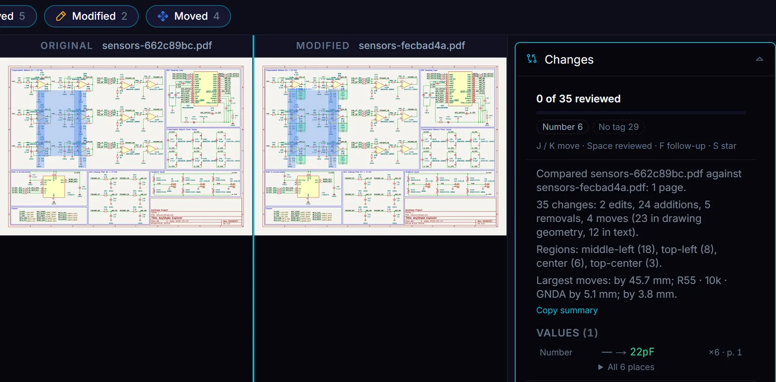 Compare PDF on a KiCad schematic revision: both sheets side by side, and a summary reading 35 changes: 2 edits, 24 additions, 5 removals, 4 moves, with 0 of 35 reviewed.