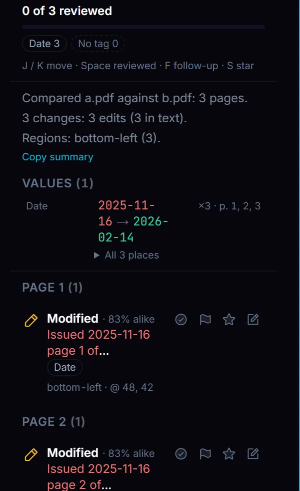 Compare PDF's values list for a three-page document: one Date value, 2025-11-16 to 2026-02-14, shown ×3 across pages 1 to 3, with All 3 places listed below it, above the Modified rows for each page.