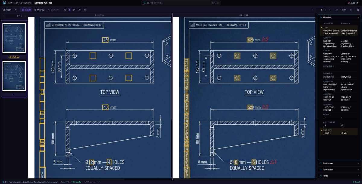 Compare PDF showing two engineering blueprints side by side. Rev A on the left, Rev B on the right. Red highlights mark regions where dimension callouts and hole counts changed.