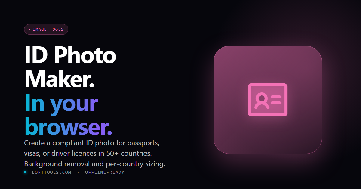 ID Photo Maker showing a portrait with the background removed and replaced with white, cropped to a passport spec with a head-height safe-zone overlay and a country preset selected.